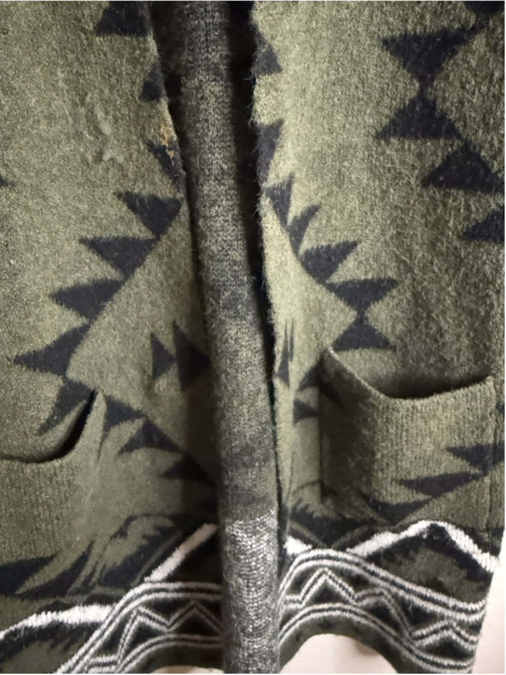 Women's Frye Olive & Black “Cozy Cardigan” Geometric Pattern Sweater Size S - Picture 4 of 6